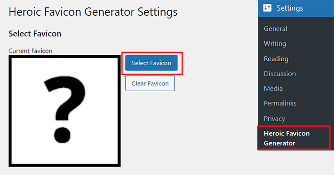 Click on Select Favicon button