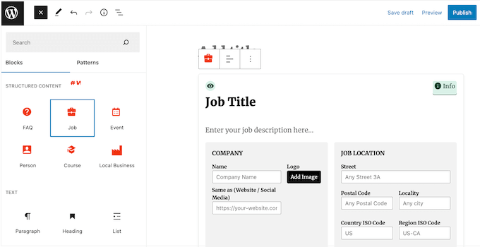 Configuring a schema block in WordPress