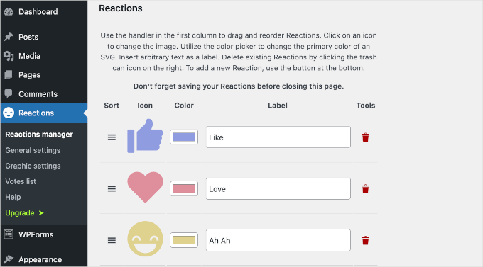 Reactions manager in Da Reactions