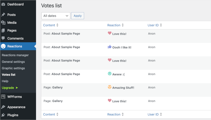 Da Reactions' vote list section