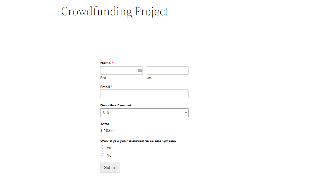 WPForms' crowdfunding form in a live website