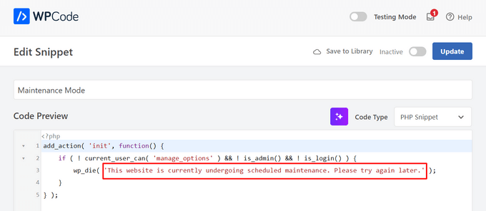 WPCode automatically adds the code for maintenance mode