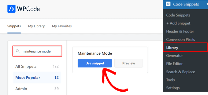 Select the Maintenance Mode snippet in WPCode