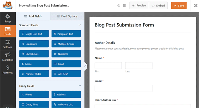 Post submission form in the drag and drop builder