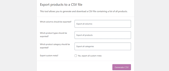 Default WooCommerce product export options