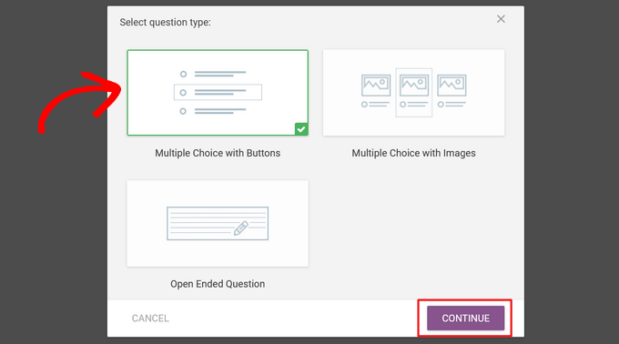 Select question type in Thrive Quiz Builder