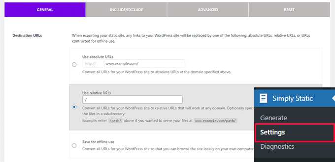 Simply Static general settings