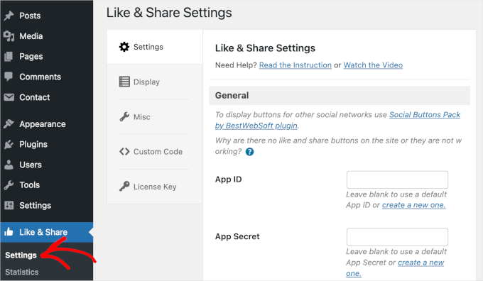 Like and share plugin settings