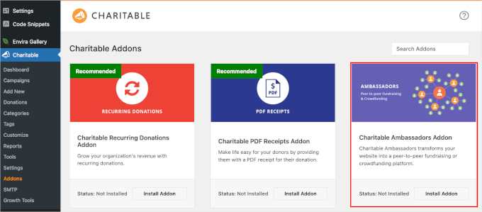 Installing the Ambassadors addons in WP Charitable