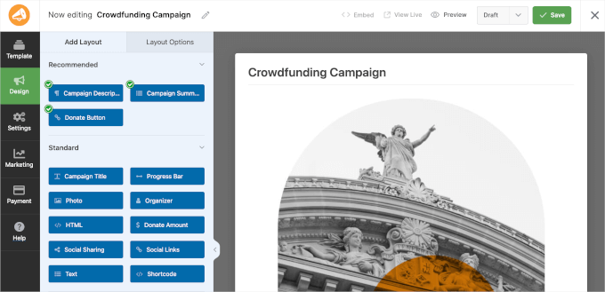 WP Charitable's campaign builder interface