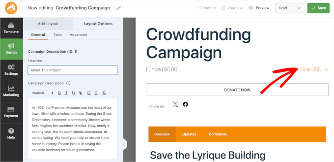 Crowdfunding campaign's goal in WP Charitable when left empty