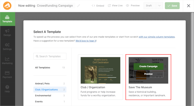 Choosing a template in WP Charitable