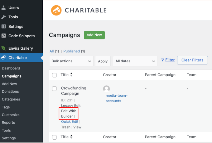 The Edit with Builder button in WP Charitable