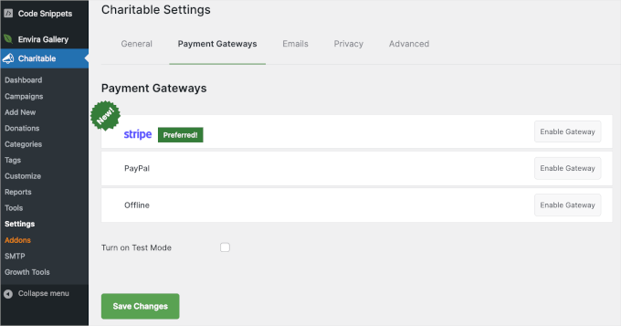 Enabling a payment gateway in WP Charitable