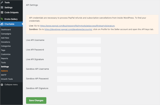 Adding PayPal API credentials in WP Charitable