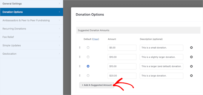 Setting suggested donation amounts in WP Charitable