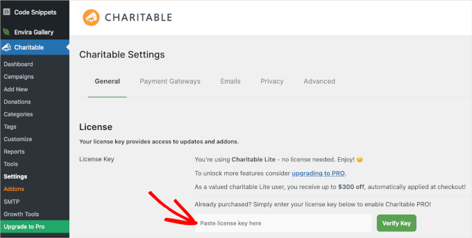 Adding the WP Charitable license key