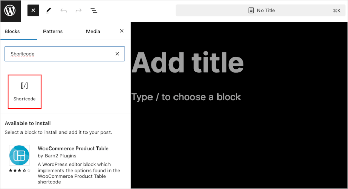 Adding a shortcode block to the block editor