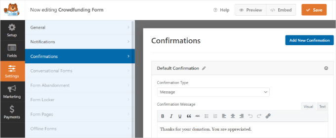 Editing confirmations settings in WPForms