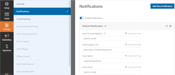 Editing notifications settings in WPForms