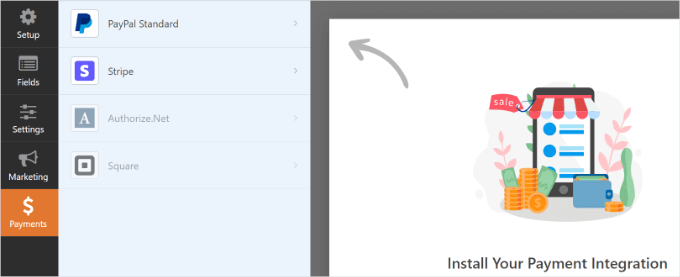 Selecting a payment gateway in WPForms