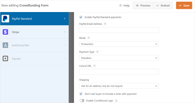 More PayPal payment settings in WPForms