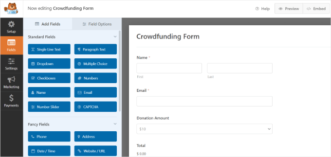 Editing the crowdfunding form template