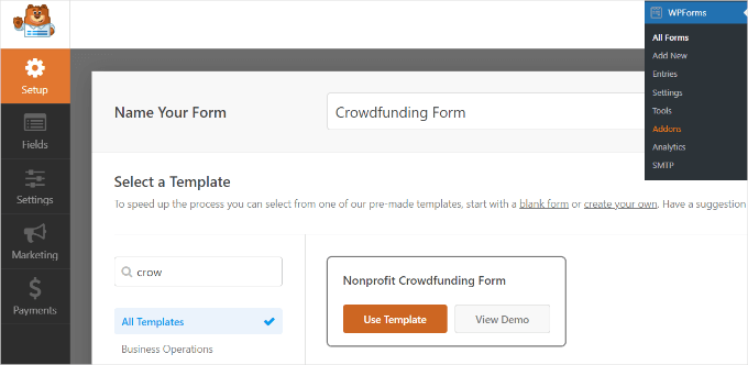 Selecting a crowdfunding form template in WPForms