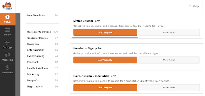 Creating a new form using ready-made templates