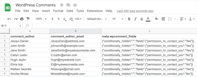 Exported email addresses from WordPress comments