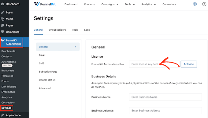 Adding a license to the FunnelKit Automations WordPress plugin