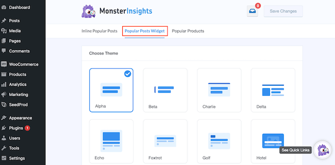 The MonsterInsights' popular posts widget settings