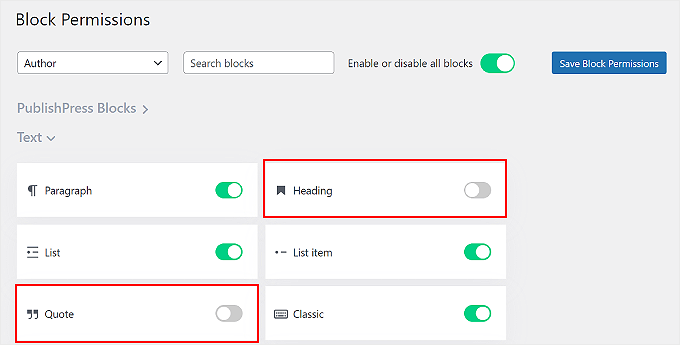 Setting Block Permissions example on PublishPress Blocks plugin