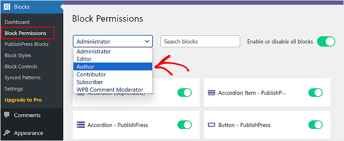 Selecting a user role to edit its block permissions on PublishPress Blocks plugin