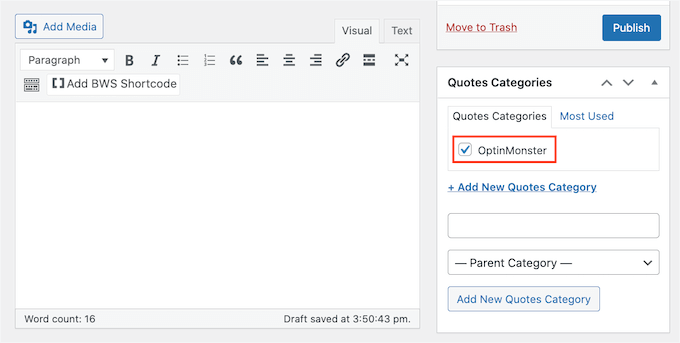 Selecting a quote category in the WordPress dashboard