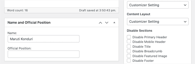 The Name and Official Position settings