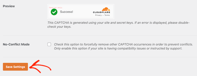 Saving the Cloudflare Turnstile settings in WPForms