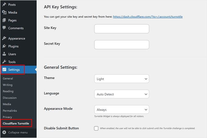 Simple Turnstile plugin settings