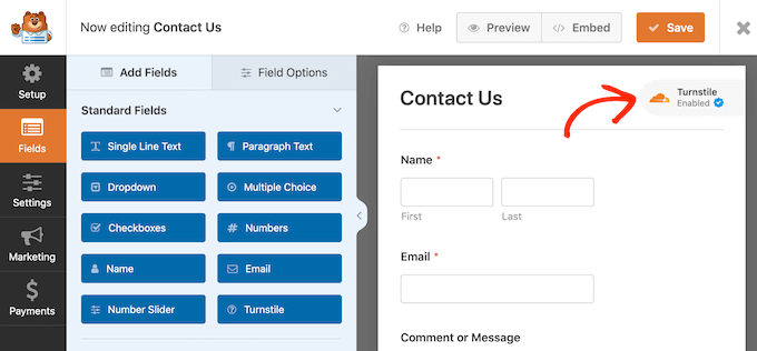 An example of a Cloudflare Turnstile CAPTCHA, on a WordPress form