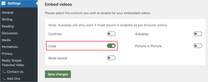 The switch for looping embedded videos
