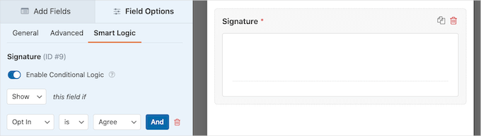 The conditional logic settings in WPForms