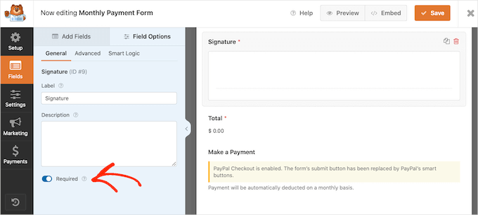 Making the electronic signature form mandatory 