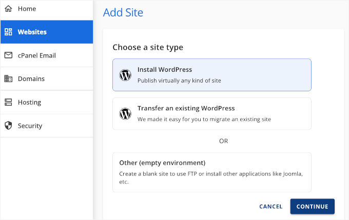 Install WordPress button in WordPress