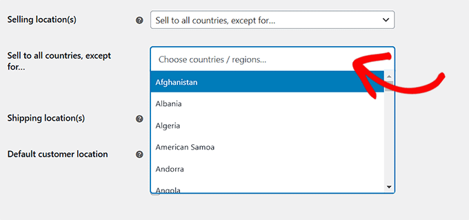 Select countries where you don't want to sell your product