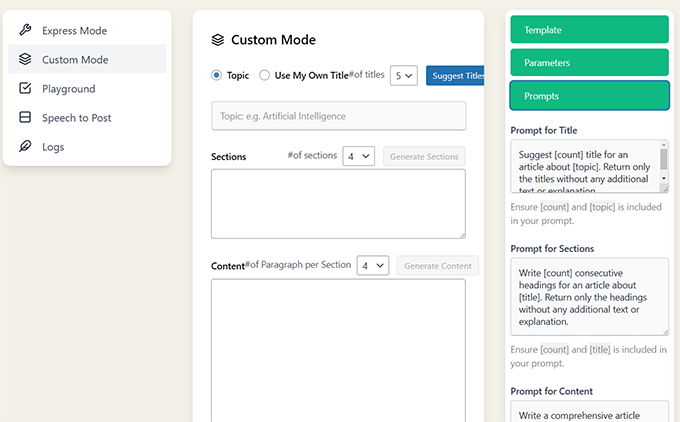 Custom mode content generation