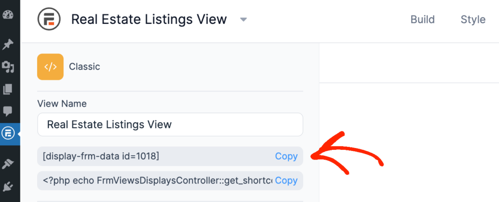 Copying the shortcode for a Formidable Forms view