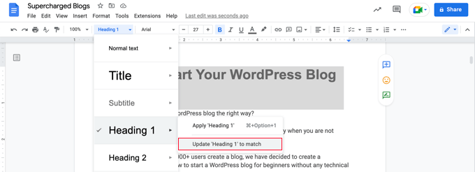 Customizing Heading 1 Style in Google Docs