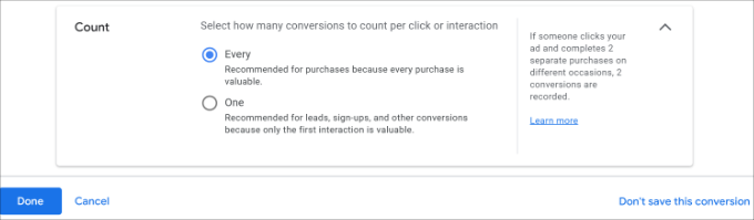 Enter conversion action count