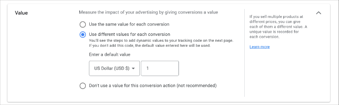 Enter conversion action value