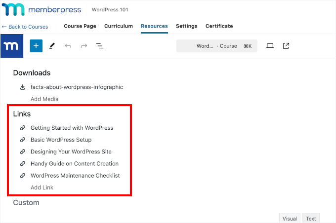Adding media links in MemberPress Courses